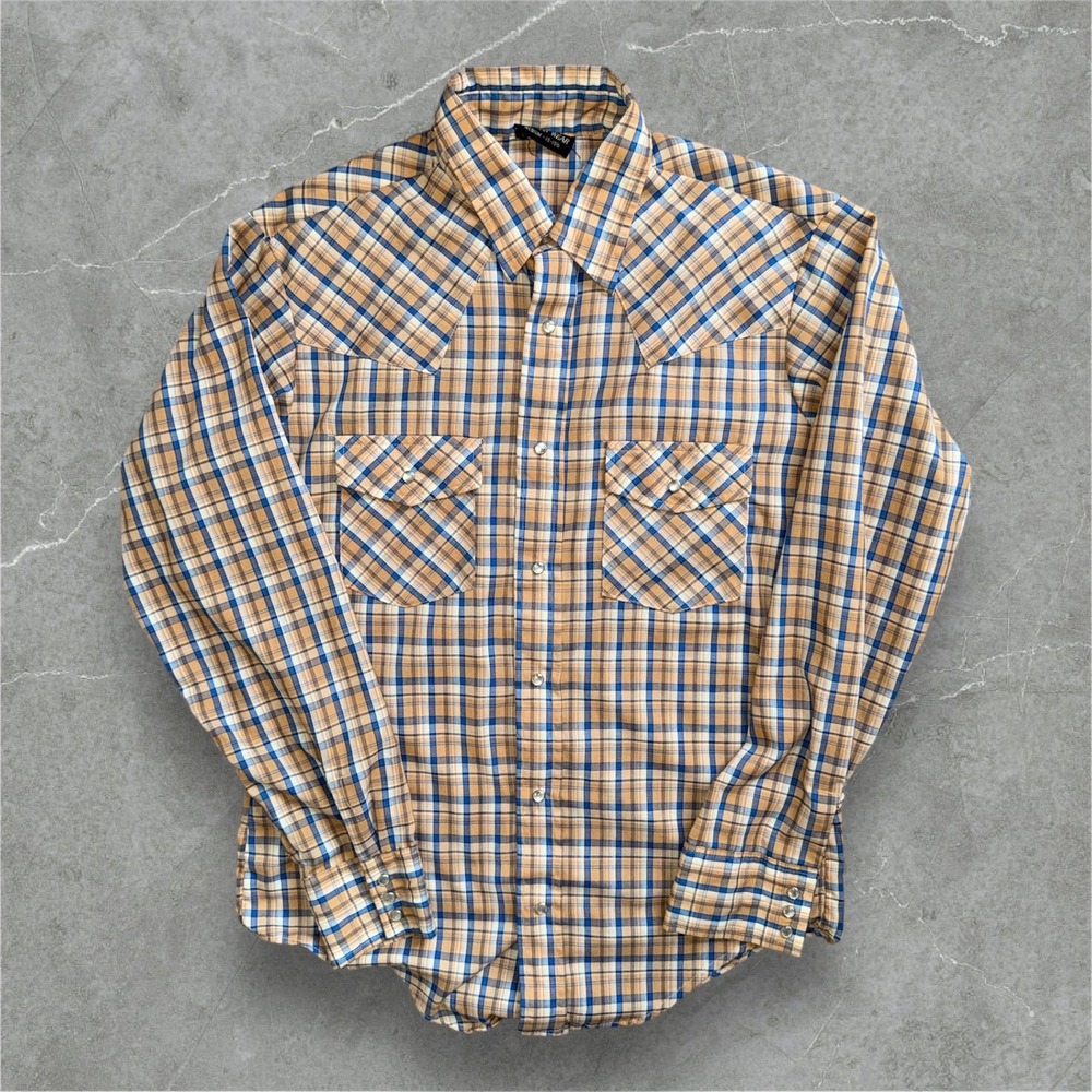 Sears Button Up Mens Medium Tan Plaid Western Snap Button Long Sleeve Shirt 80s‎